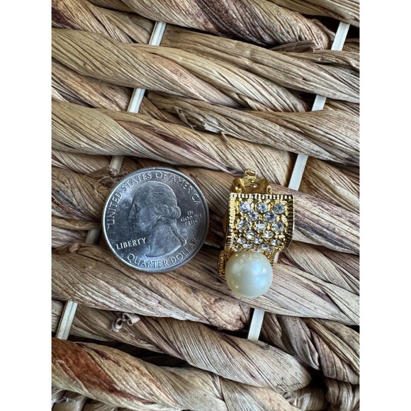 80s/90s Gold-Tone Clip-On Earrings w/Faux Pearl & Rhinestones - Picture 7 of 8